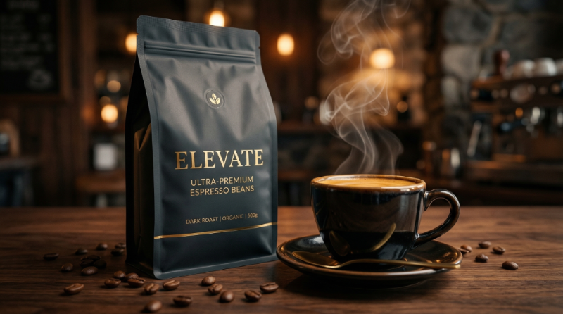 An advertisement for a bag of premium espresso coffee beans