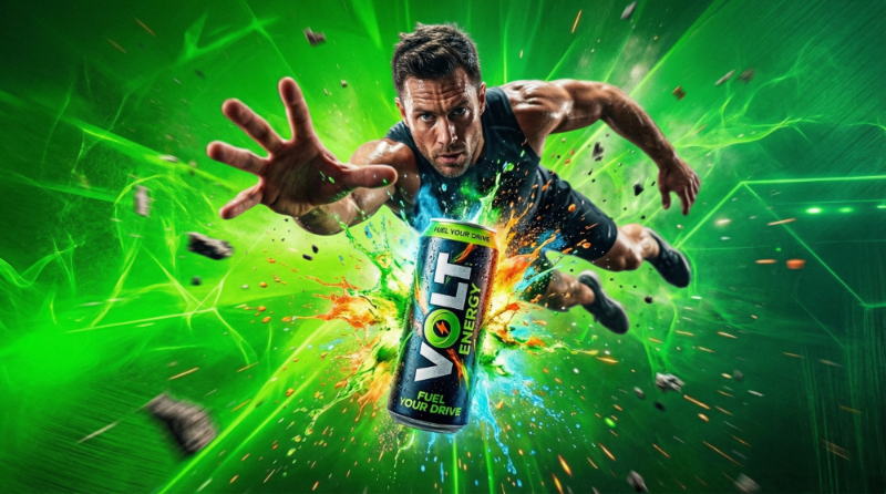 A man diving towards an energy drink in an advertisement