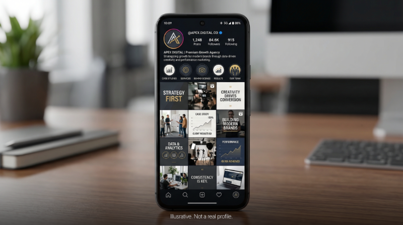 A cell phone on a desk displaying a profile with high follower counts and a verification badge