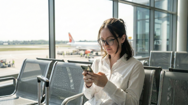 Woman checking her phone while waiting in an airport terminal