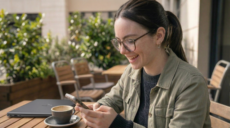 Woman using her phone while sitting at a coffee shop table